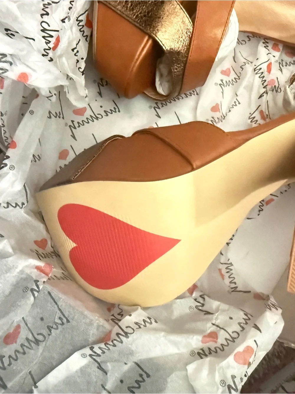 Luichiny Tan and Metallic Gold Platform Heels